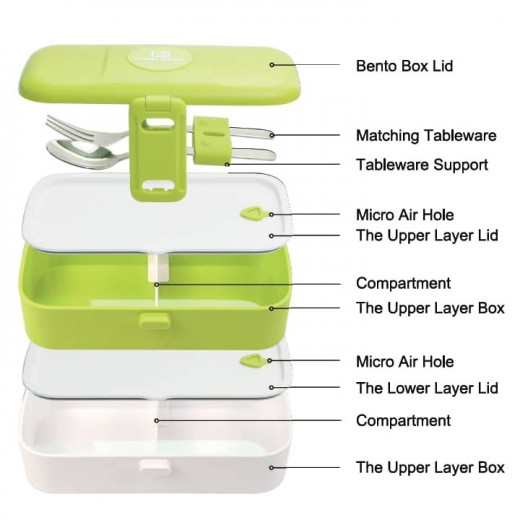 Look Back Lunch Box for Kids Adults, 2 layers, Leak Proof, FDA Approved-Green