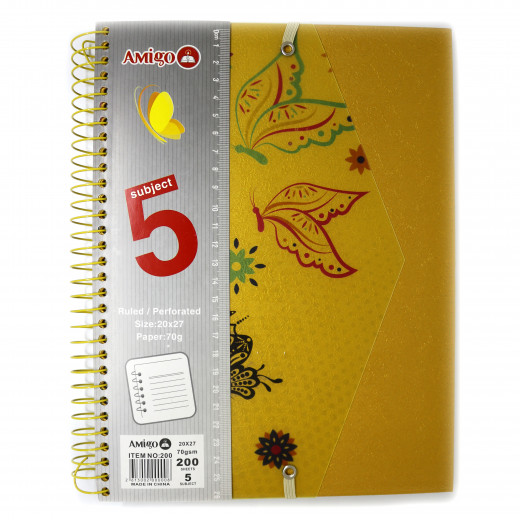 Amigo butterfly Wire Notebook, Gold, 200 pages, 5 Subjects