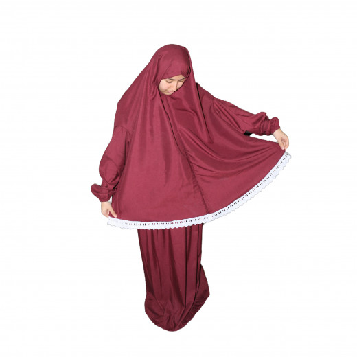 Women's All-Cover Praying Set, 2 Pcs, Burgundy With White Lace