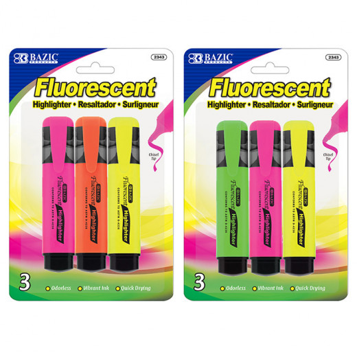 Bazic Fluorescent Highlighters Pocket Clip (3/pack)