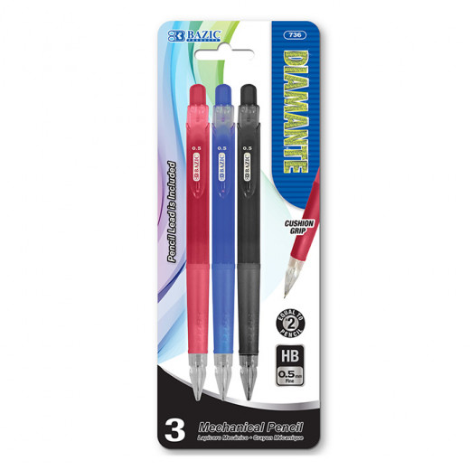 Bazic Diamante 0.5 Mm Mechanical Pencil With Grip, Set Of 3 Pieces , Assorted