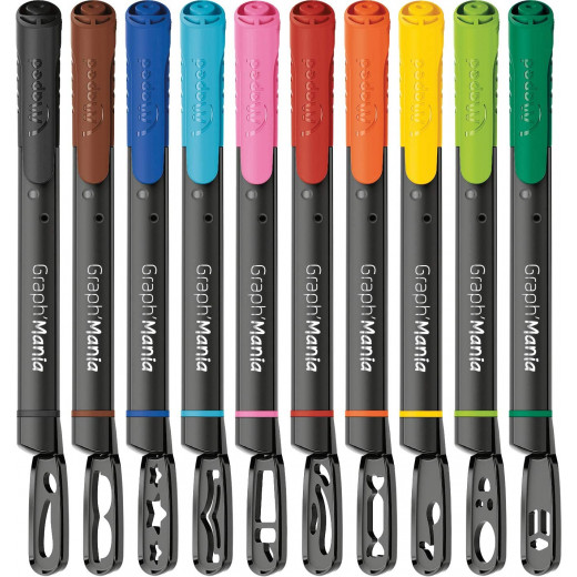 Helix Maped Graph Mania Fineliner Pens with Stencil Cap (Pack of 10 Colours)