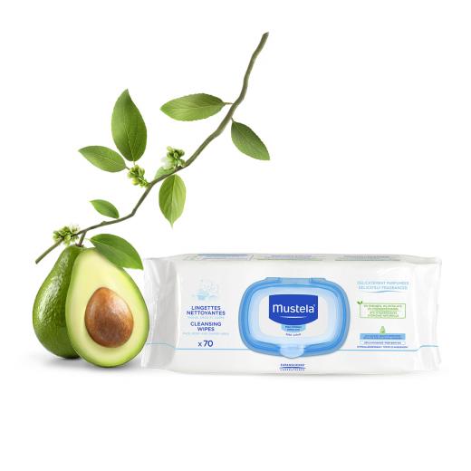 Mustela Baby Cleansing Wipes with Natural Avocado - For Face, Body & Diaper Area - Made with Compostable & Plastic Free Fibers - 60 units