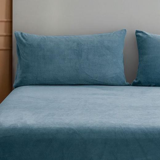 Nova home warm fit winter microfleece fitted sheet set, blue, queen size