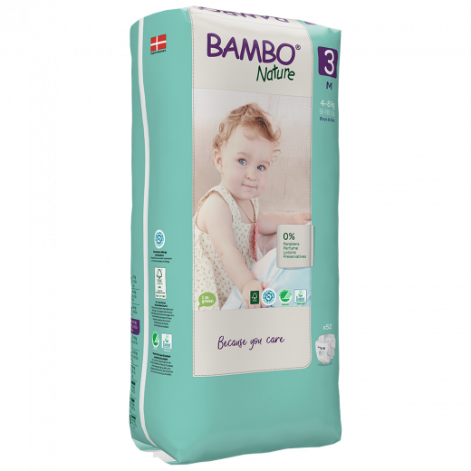 Bambo Nature Diapers Size 3 (4-8 Kg), 52 Diapers, 2 Packs + Wet Wipes, 80 Wipe, 2 Packs