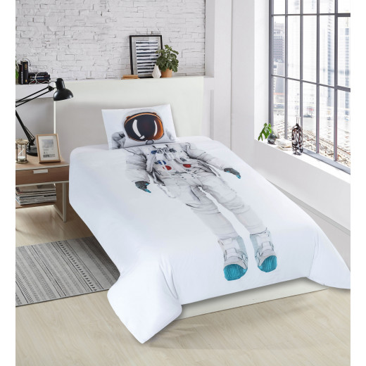 Nova Home Astronaut Design Duvet Cover Set, Cotton, 200 Thread Count, White Color, Twin Size