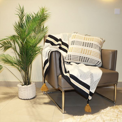 Nova Home Diamond Design Blanket, Hand Knitted Throw With Tassels, Cotton, Mustard & Black Color