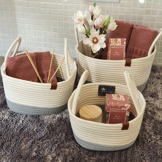 Weva vital cotton storage basket with handle set ,100% cotton , 3 pcs , ivory & grey