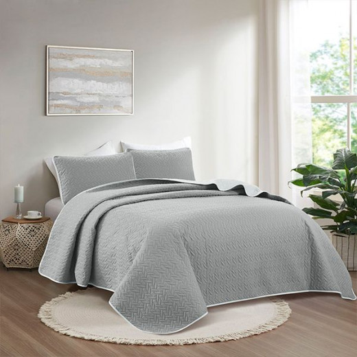 Nova home cross double face bedspread set, grey and silver color, king size, 4 pieces