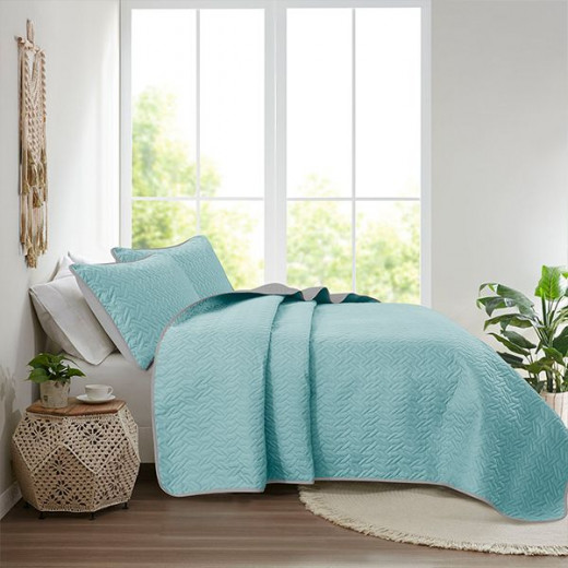 Nova home cross double face bedspread set, turquoise and silver color, king size, 4 pieces 270x250 cm