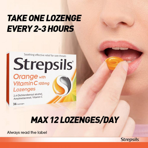 Strepsils Orange & Vitamin C Lozenges, 36 Pieces
