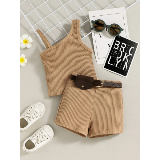 Baby Asymmetrical Neck Tank Top & Shorts & Belt Bag, Brown Color