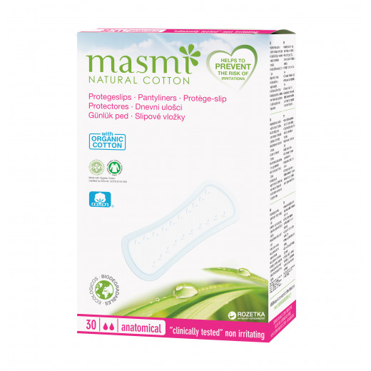 Masmi Classic Anatomical Pantyliners, Organic Cotton, 30 Pieces