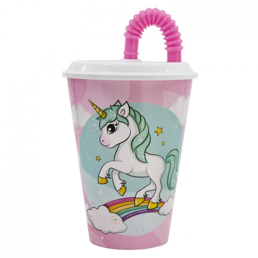 Cup With Tumbler Straw, Unicorn Rainbow Design, 430 Ml