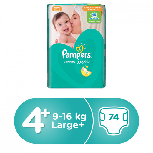 Pampers Baby-Dry Diapers, Size 4+, Maxi Plus, 9-16 kg, Mega Pack, 74 Count