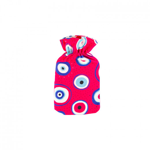 قربة ماء مع غطاء قماشي, مزينة ب عيون مع خلفية باللون الوردي, 1700 مل