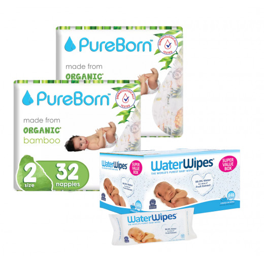 Pure Born Organic Nappies Single Pack, Size 2, 32 Pieces+ Water Wipes Baby Wipes Sensitive Newborn Skin, 540 Wipes