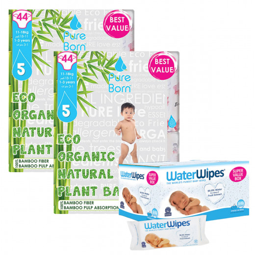 Pure Born Organic Nappies Double Pack, Size 5, 44 Pieces + Water Wipes Baby Wipes Sensitive Newborn Skin, 540 Wipes