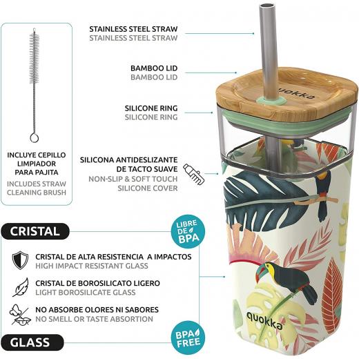 Quokka Glass Tumbler with Steel Straw, Birds Design, 540 Ml