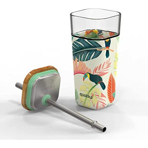 Quokka Glass Tumbler with Steel Straw, Birds Design, 540 Ml