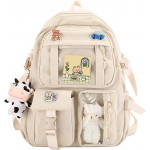 Students Kid Children School Backbag With Pins And Bear Badge, Beige Color