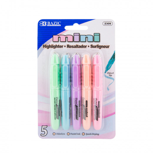 Bazic Mini Pastel Highlighter With Cap Clip, 5 Pieces