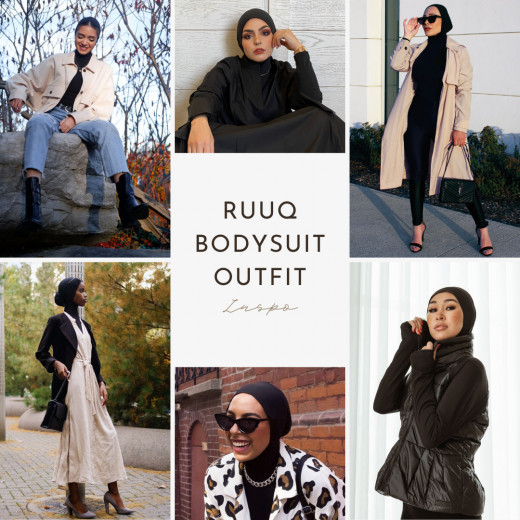 RUUQ Women's Bodysuit Long Sleeve with Hijab Cap - Black - Large