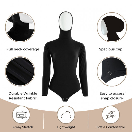 RUUQ Women's Bodysuit Long Sleeve with Hijab Cap - Black - 2XL