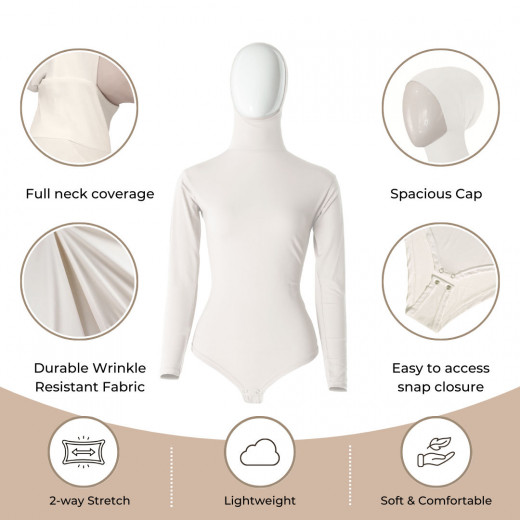 RUUQ Women's Bodysuit Long Sleeve with Hijab Cap - Ivory - Small