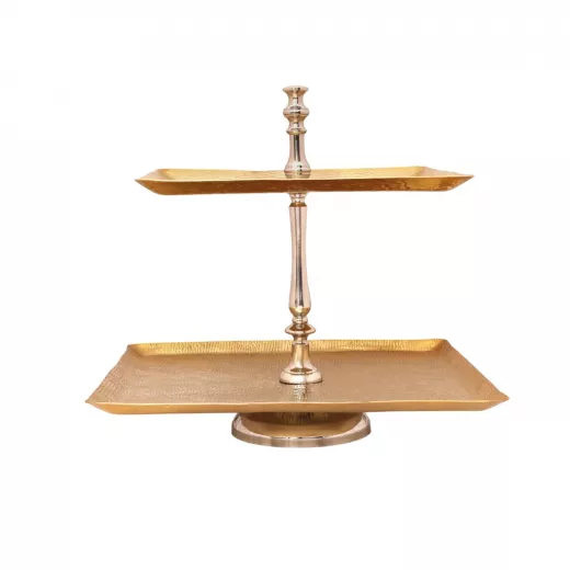 Vague Aluminium Square 2 Tier Stand with Stainless Steel Gold Finish 40 Cm