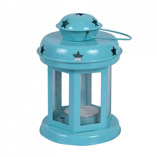 Decorative Iron Lantern with Tea Light Candle for Lightening and Home or Office Use (6x3.7x3.7 Inch- Sky Blue)