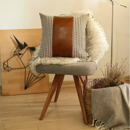 Nova Home Boho Chic Leather & Jacquard Cushion Cover, 45x45 Cm