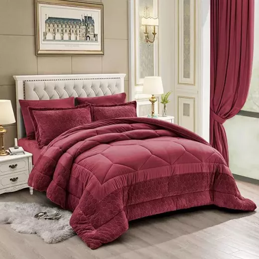 Nova Home Bee Cell Embossed Flannel Winter Comforter Set - King/Super King - Burgandy 6 Pcs