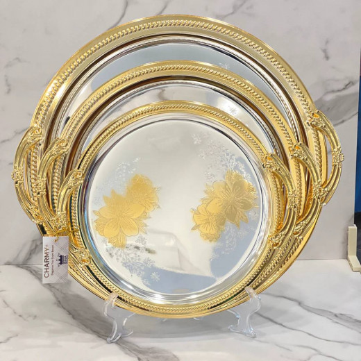 طقم صواني تقديم دائري ستانلس ستيل 3قطع - سلفر مع ذهبي