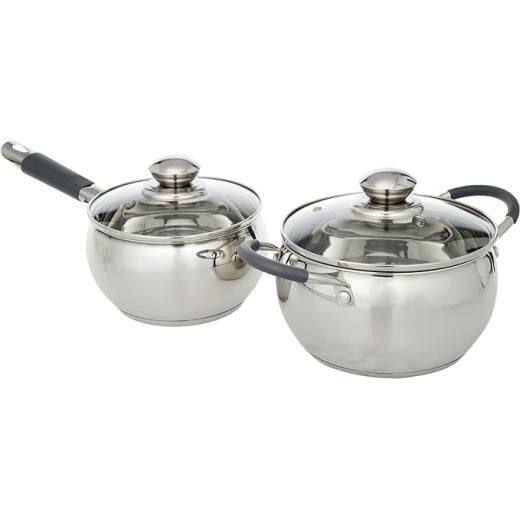 Royalford RF5123 Cookware Set of 7, Highly Durable Design, Tempered Glass Lid, PFOA Free, Silver, Stainless Steel