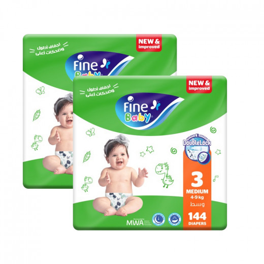 Fine Baby Diapers, Double Lock LCP, Size 3 Medium, 4-9 kg, 144 Diapers, 2 Packs