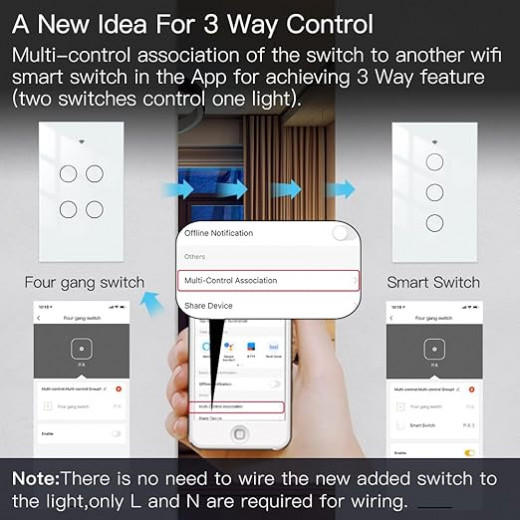 Moes 2.4GHz WiFi Wall Touch Smart Switch Neutral Wire Required,