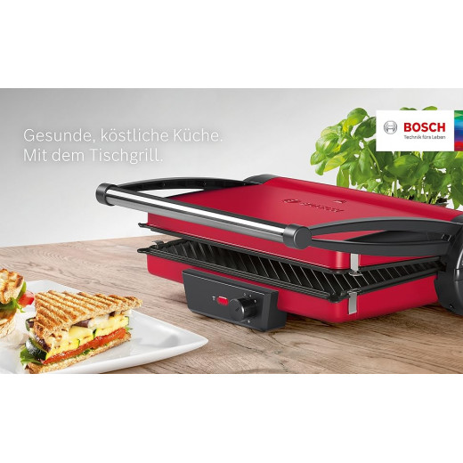 Bosch TCG4104 Table Grill, 3-in-1 Contact Grill, Continuous Thermostat, Grease Drain Channel, Removable Aluminium Grill Plates, Easy Cleaning, 2000 W, Red