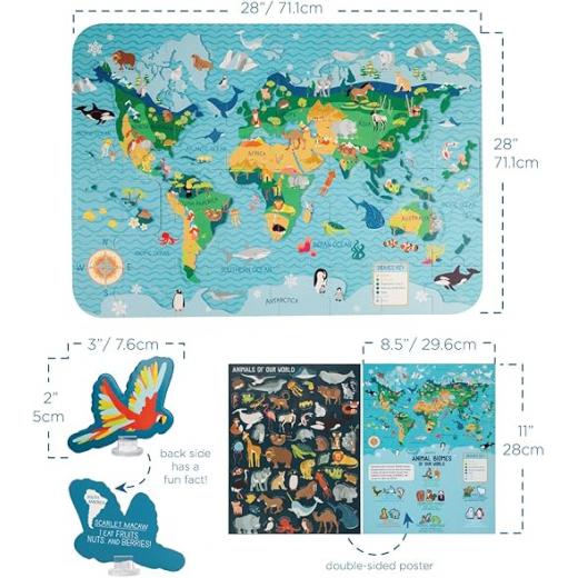 Stephen Joseph, World Map Puzzle Animal Biomes with 3D Animal Pieces – Includes 16 Play Pieces with Fun Facts and Stands, Includes 8.5 x 11 Poster, Jigsaw Puzzle for Girls & Boys 3+ Years