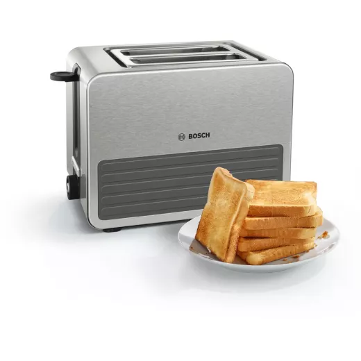 Bosch Compact Toaster, Defrosting/Crushing Function, 1050 W, Stainless Steel/Black & WMF Lono Sandwich Maker, for 2 Standard or XXL Toasts, 2-Level Height Adjustment, Matte Stainless Steel