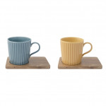 Set of Two 380ml Porcelain Mugs with Acacia Saucers in Yellow and Blue Gift Box