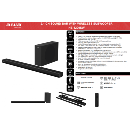 Aiwa Luxury 2.1 Channel Soundbar with Wireless Subwoofer