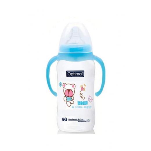 Optimal Wide Neck Baby Bottle With Handle, Blue Color, 300 ML