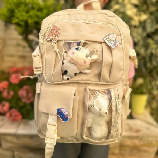 Students Kid Children School Backbag With Pins And Bear Badge, Beige Color