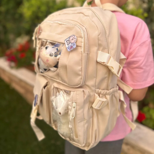 Students Kid Children School Backbag With Pins And Bear Badge, Beige Color