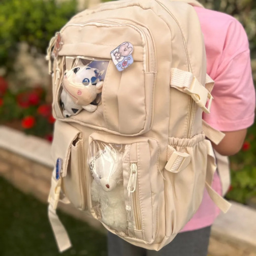 Students Kid Children School Backbag With Pins And Bear Badge, Beige Color