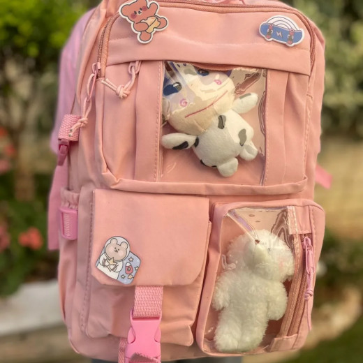 Students Kid Children School Backbag With Pins And Bear Badge, Pink Color