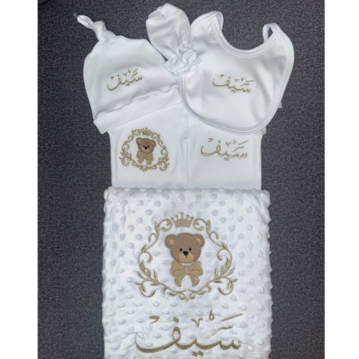 Rhinestone Customized Newborn Baby Set, With Teddy Bear Design, 5 Pcs