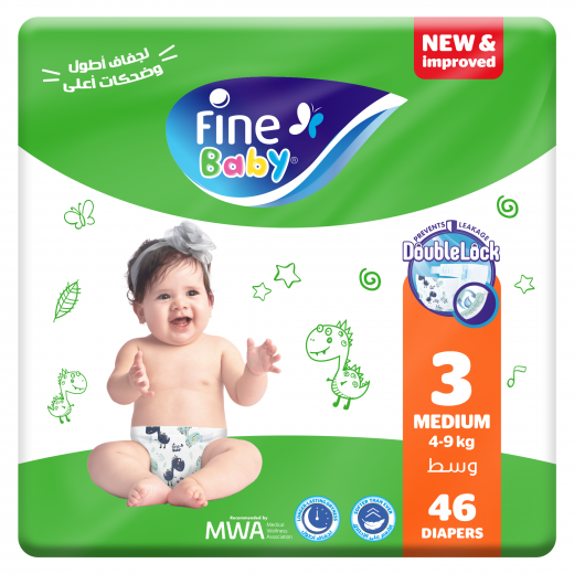 Fine Baby Double Lock Jumbo Pack Diapers, Size 3, Medium, 9-4 Kg, 46 Diaper