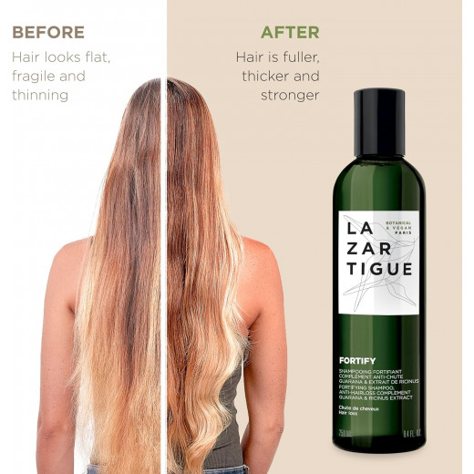 Lazartigue Fortify Anto Hair loss Densifying Shampoo, Enriched with Guarana and Ricinus, Strengthens Fragile Hair, Stronger Appearance, Perfect for Everyday Usage, Vegan, Lemon, 250ML